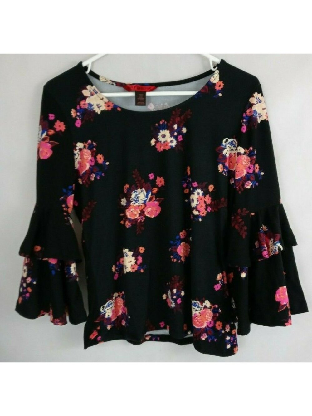 Hot Kiss Black Bell Sleeve Blouse With Multi-Color Floral Design Size Large